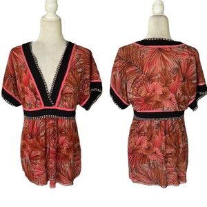 Vivienne Tam Vintage Coral Leaf Print Polka Dot Short Kimono Sleeve Boho Top - L